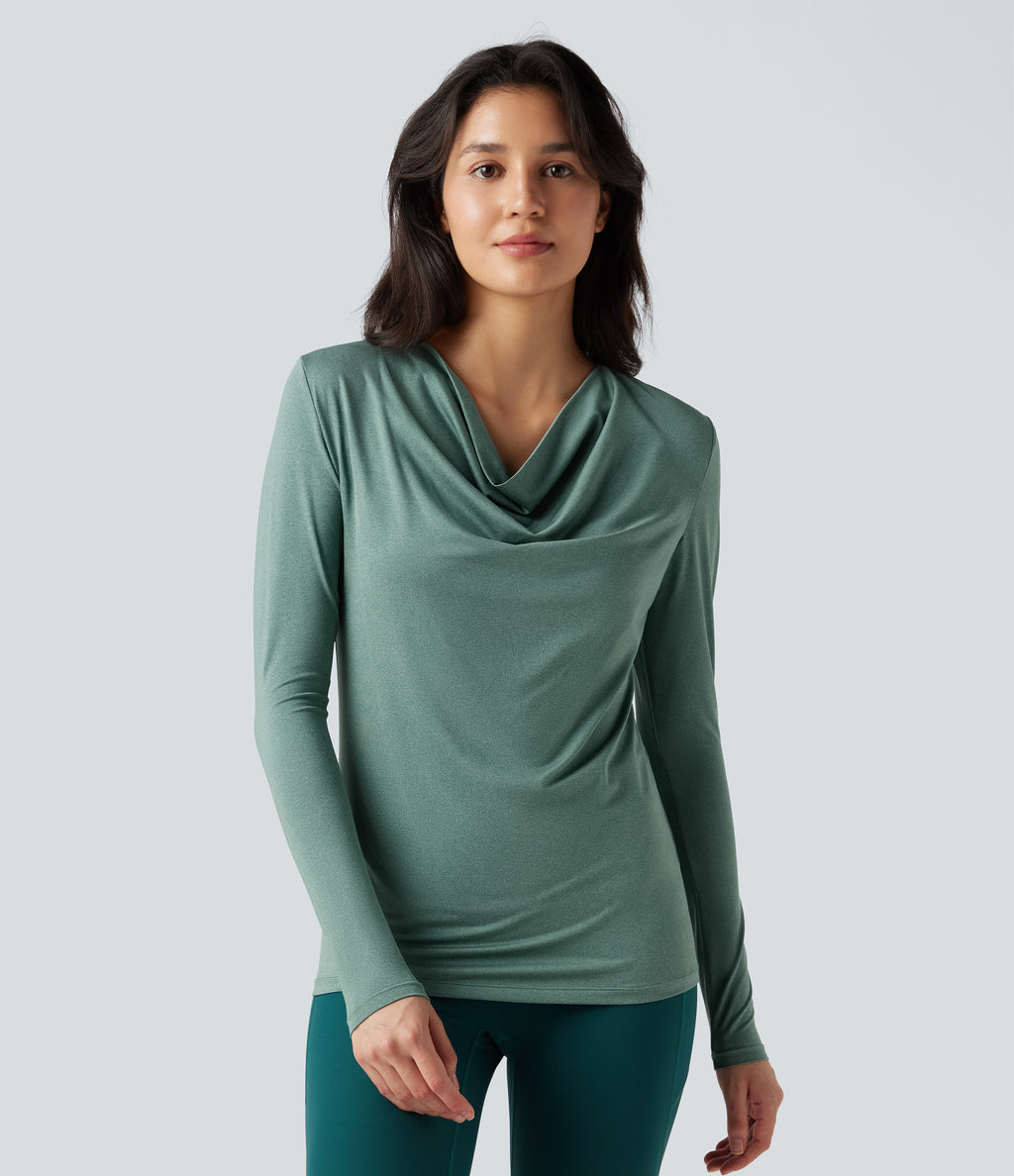 Cowl Neck Long Sleeve Running Sports Top — Azure — view 3