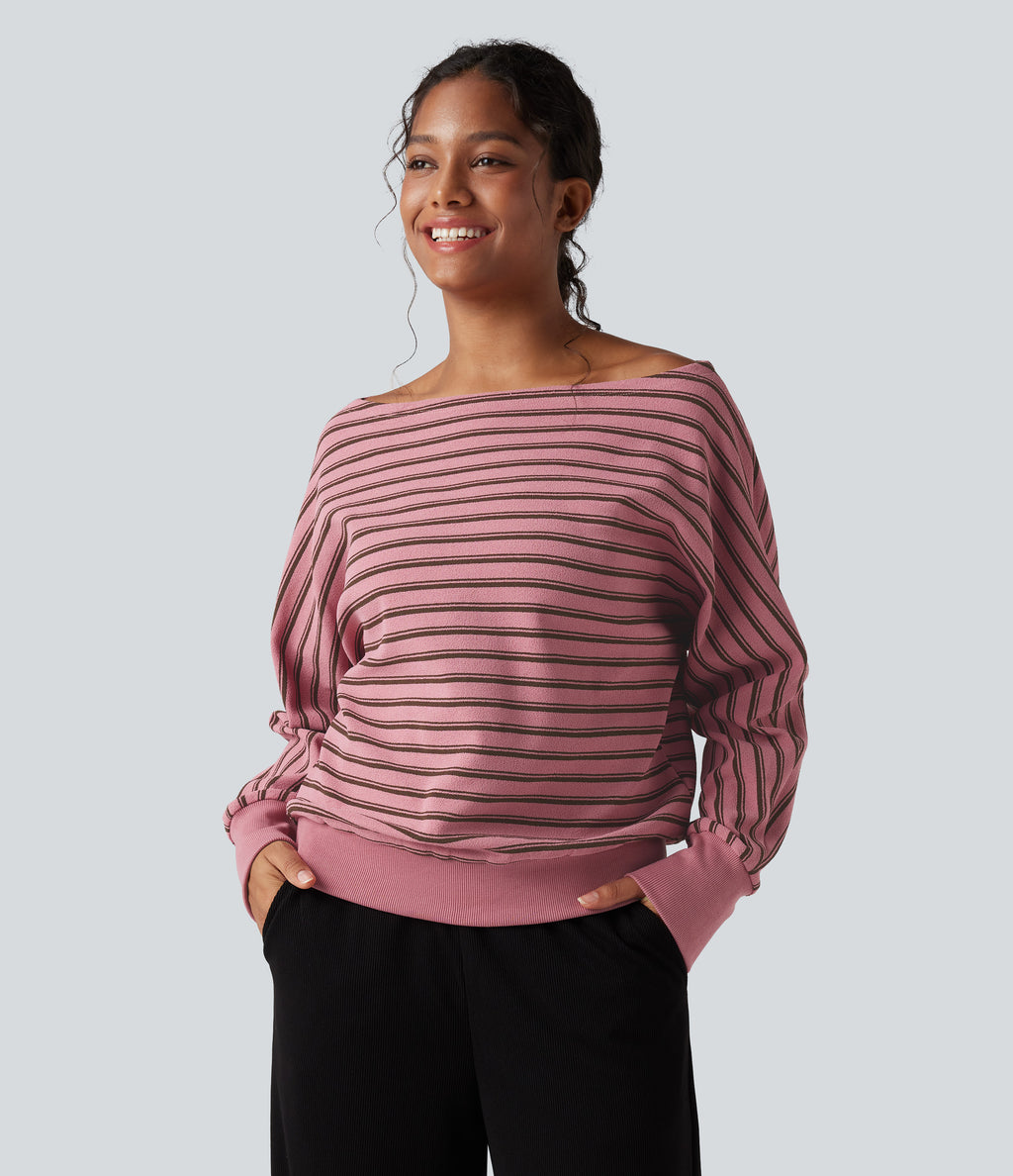 Off-shoulder Long Sleeve Stripes Relaxed Casual Sweatshirt — Blush Pink with Black Stripes — view 5