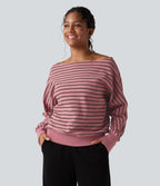 Off-shoulder Long Sleeve Stripes Relaxed Casual Sweatshirt — Blush Pink with Black Stripes — view 5