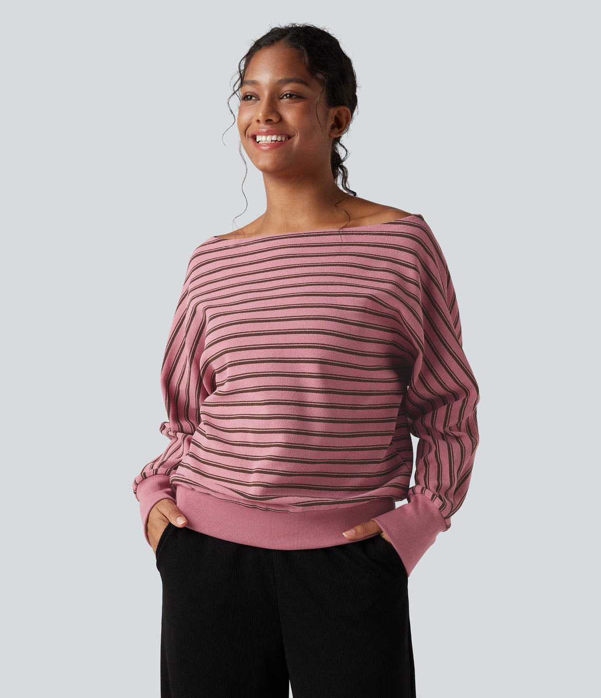 Off-shoulder Long Sleeve Stripes Relaxed Casual Sweatshirt — Blush Pink with Black Stripes — view 5