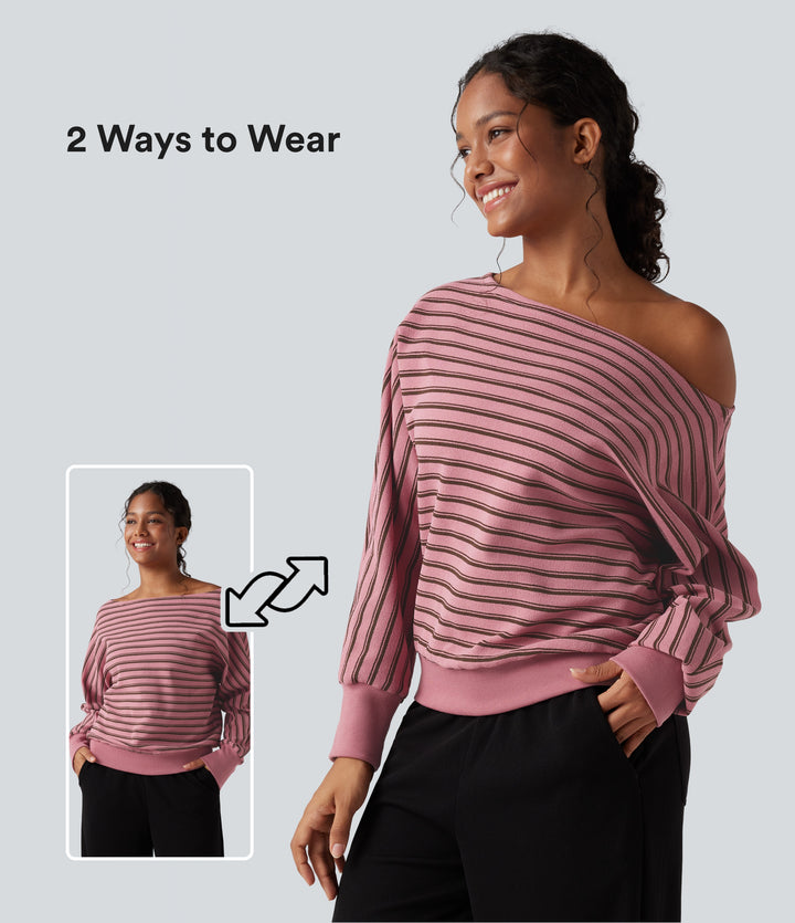 Off-shoulder Long Sleeve Stripes Relaxed Casual Sweatshirt — Blush Pink with Black Stripes — view 1