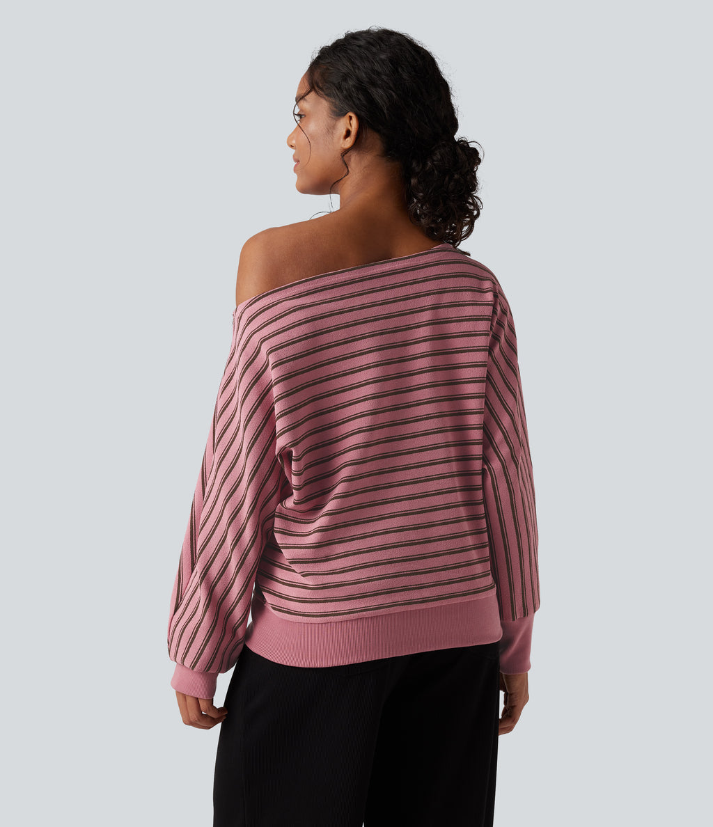 Off-shoulder Long Sleeve Stripes Relaxed Casual Sweatshirt — Blush Pink with Black Stripes — view 2