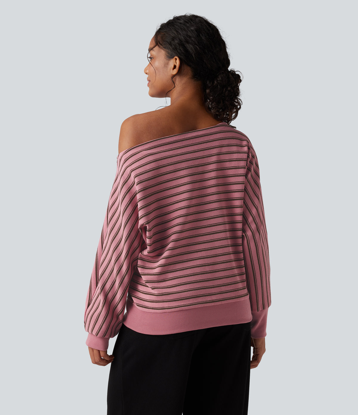 Off-shoulder Long Sleeve Stripes Relaxed Casual Sweatshirt — Blush Pink with Black Stripes — view 2