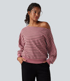 Off-shoulder Long Sleeve Stripes Relaxed Casual Sweatshirt — Blush Pink with Black Stripes — view 3
