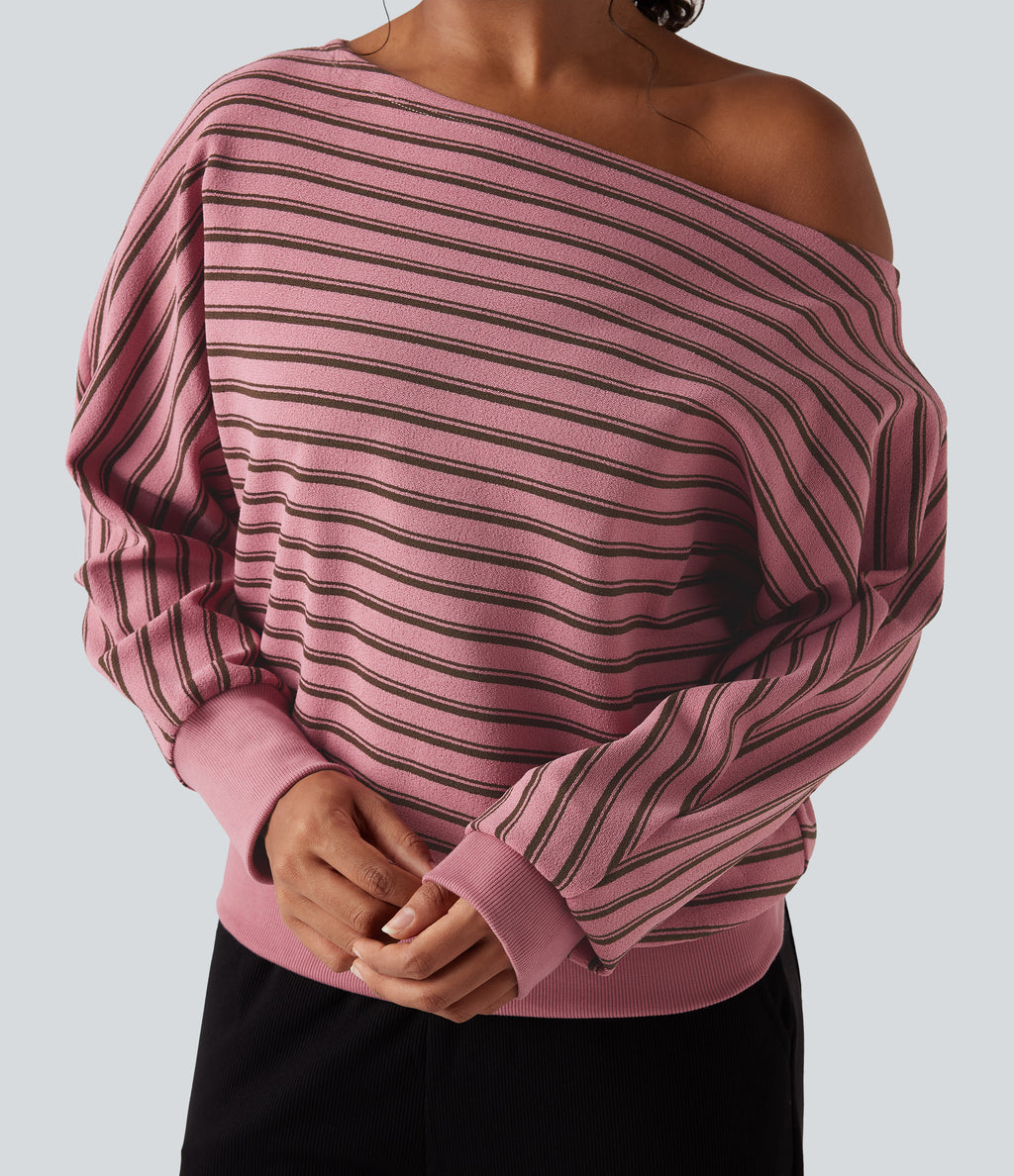 Off-shoulder Long Sleeve Stripes Relaxed Casual Sweatshirt — Blush Pink with Black Stripes — view 4