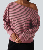 Off-shoulder Long Sleeve Stripes Relaxed Casual Sweatshirt — Blush Pink with Black Stripes — view 4