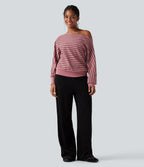 Off-shoulder Long Sleeve Stripes Relaxed Casual Sweatshirt — Blush Pink with Black Stripes — view 6
