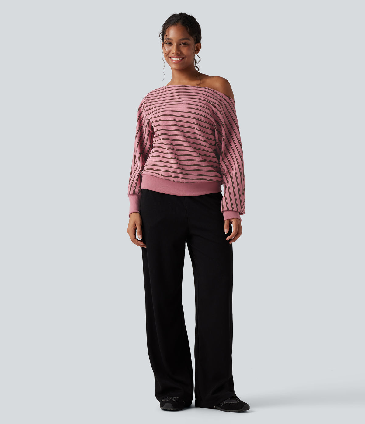 Off-shoulder Long Sleeve Stripes Relaxed Casual Sweatshirt — Blush Pink with Black Stripes — view 6
