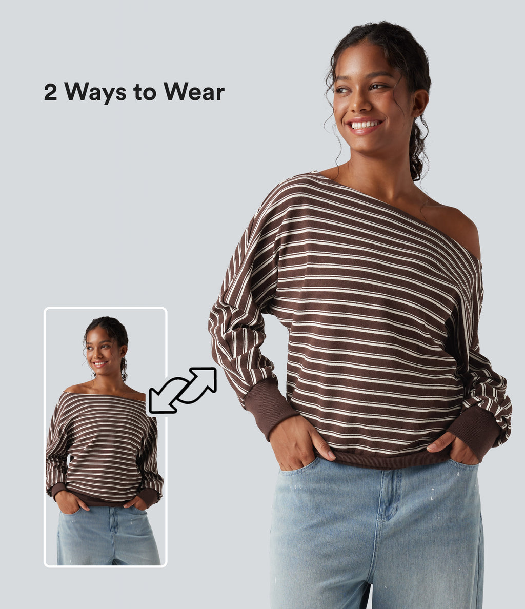 Off-shoulder Long Sleeve Stripes Relaxed Casual Sweatshirt — Maroon Pinstripe — view 7
