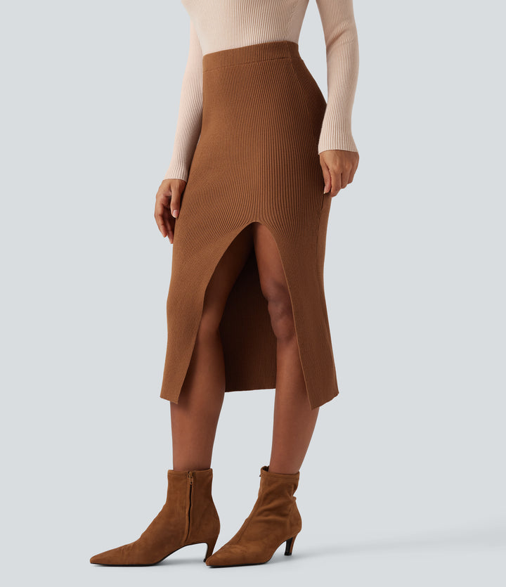 High Waisted Split Bodycon Midi Casual Jumper Skirt — Amber Brown — view 1