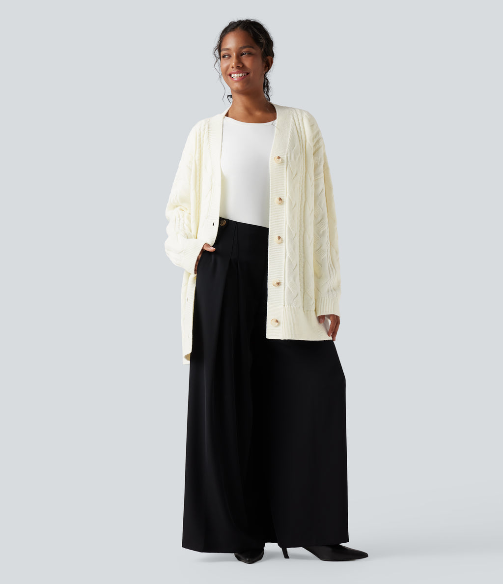 V Neck Long Sleeve Casual Cardigan — Snow White Oak — view 5