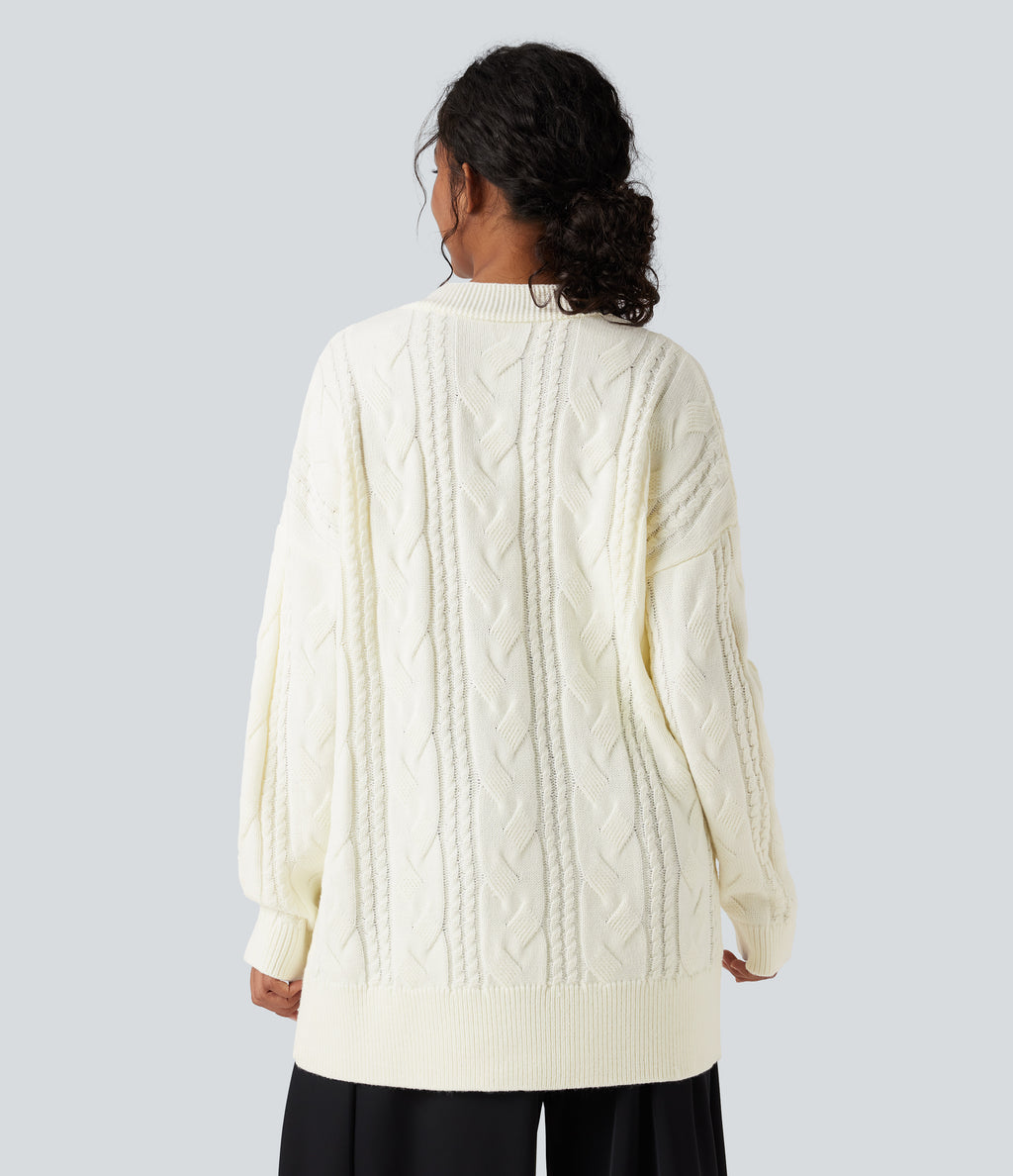 V Neck Long Sleeve Casual Cardigan — Snow White Oak — view 2