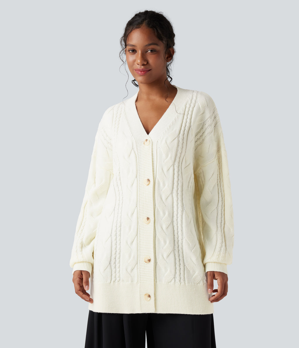 V Neck Long Sleeve Casual Cardigan — Snow White Oak — view 1