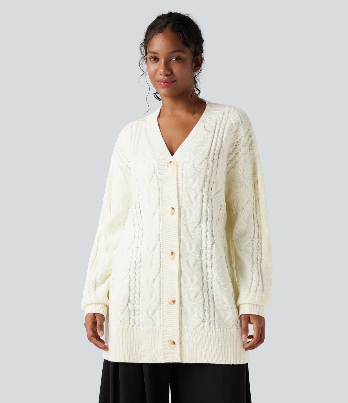 V Neck Long Sleeve Casual Cardigan — Snow White Oak — view 1