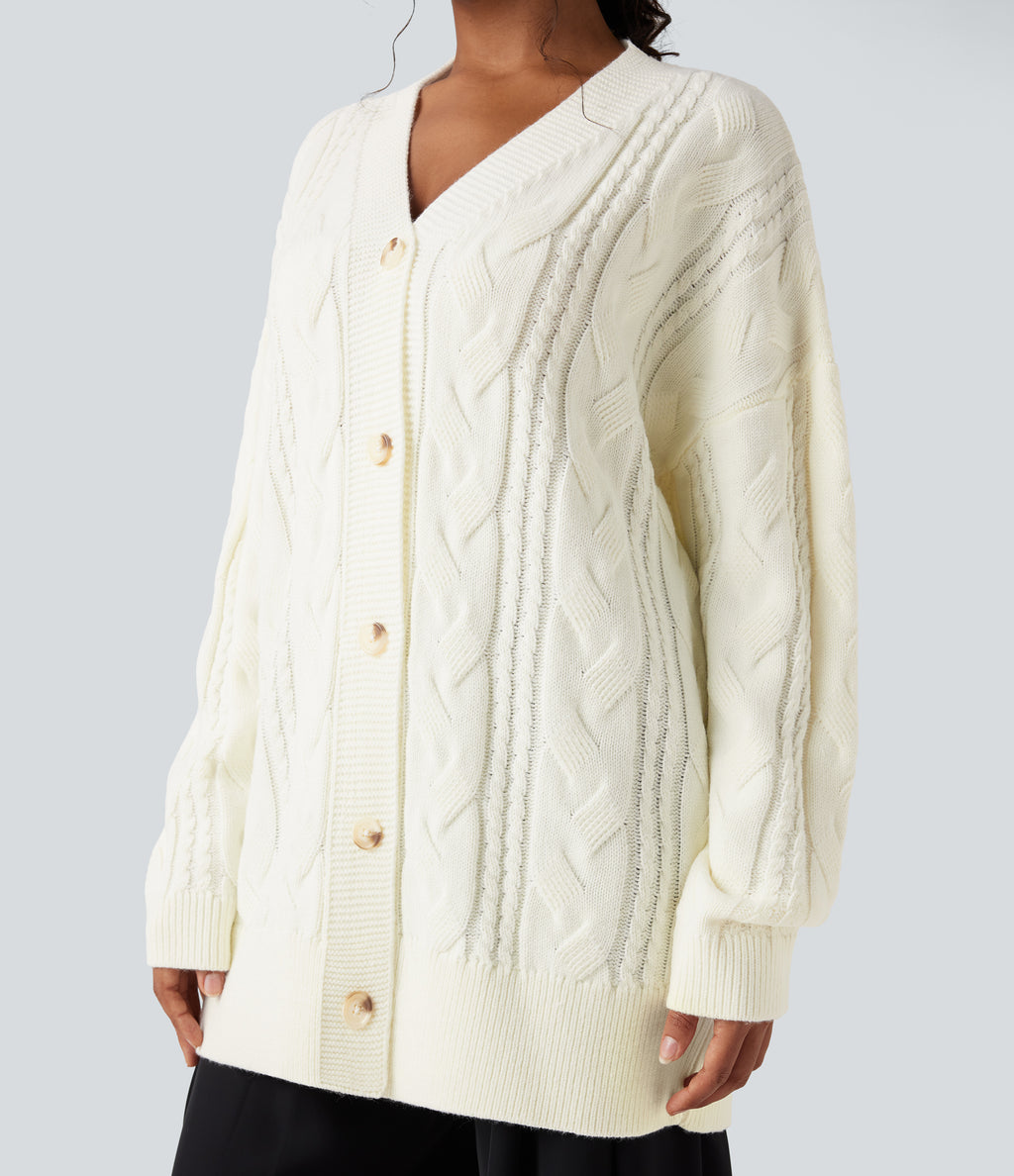 V Neck Long Sleeve Casual Cardigan — Snow White Oak — view 4
