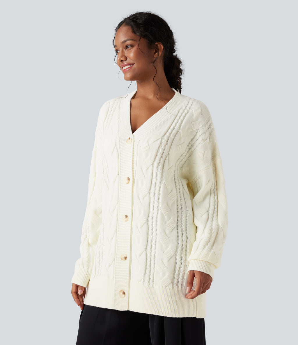 V Neck Long Sleeve Casual Cardigan — Snow White Oak — view 3