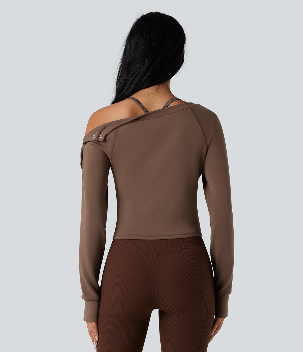 SpacerTek Boat Neck Long Sleeve Thumb Holes Casual Sweatshirt — Mustang — view 3