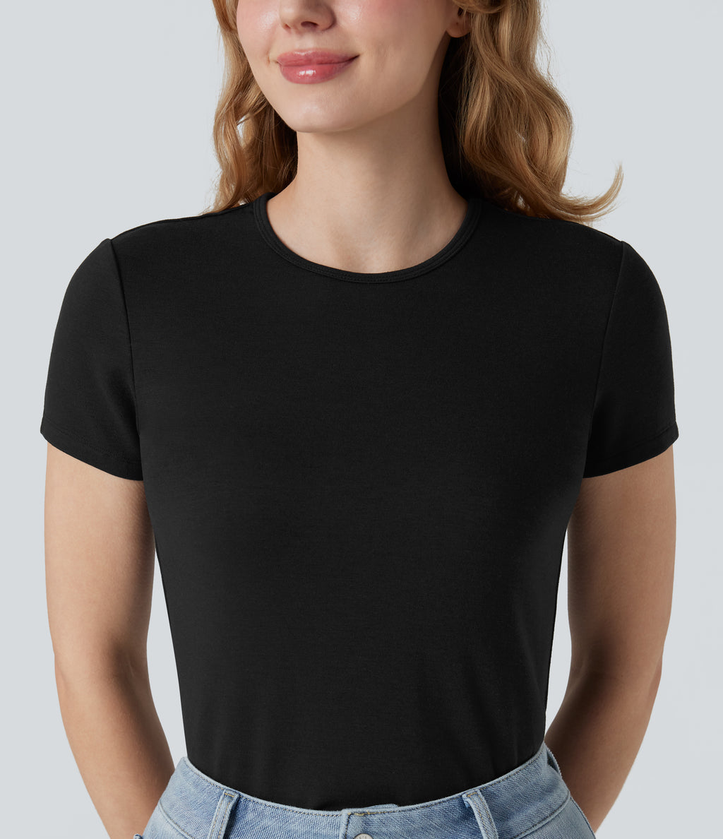 HeatCore Round Neck Short Sleeve Casual Warming T-Shirt — Black — view 7