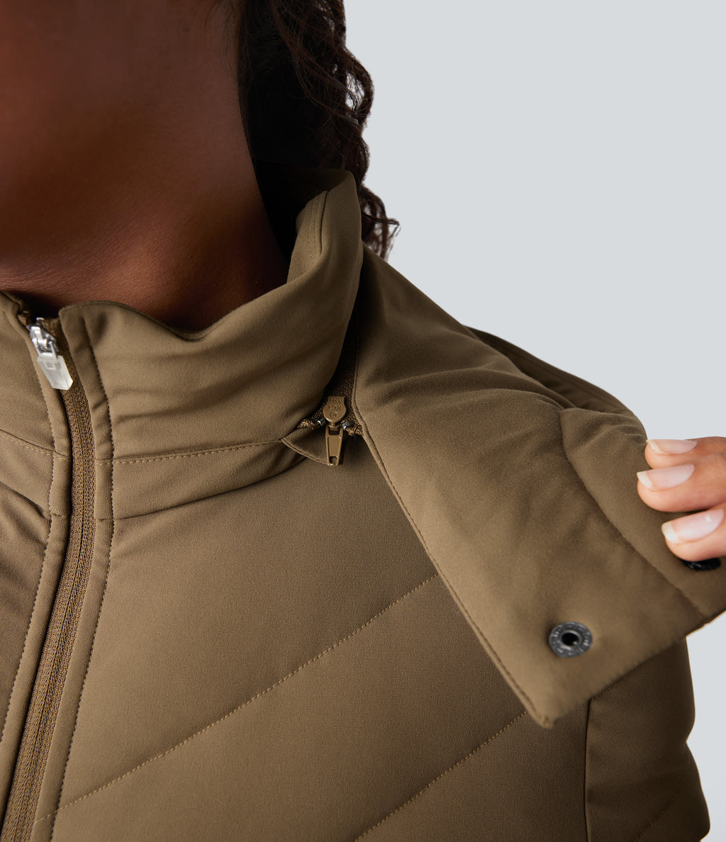 PuffFlex Removable Hood Shirred Casual Quilted Jacket with Pockets — Chestnut Brown — view 5