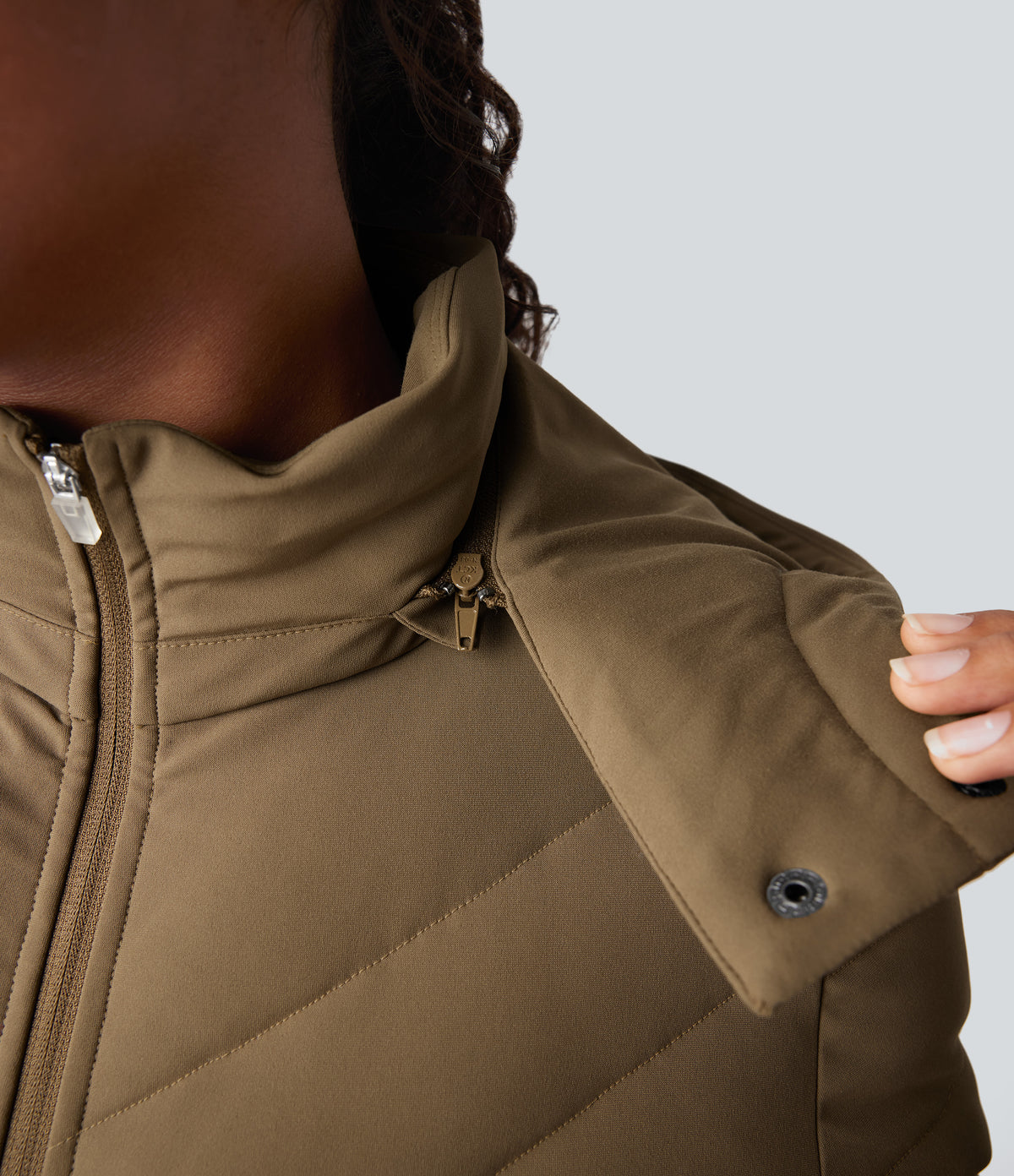 PuffFlex Removable Hood Shirred Casual Quilted Jacket with Pockets — Chestnut Brown — view 5
