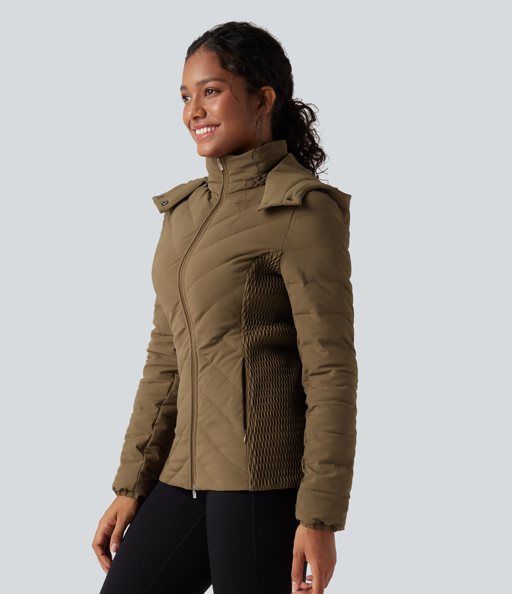 PuffFlex Removable Hood Shirred Casual Quilted Jacket with Pockets — Chestnut Brown — view 3