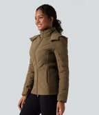 PuffFlex Removable Hood Shirred Casual Quilted Jacket with Pockets — Chestnut Brown — view 3