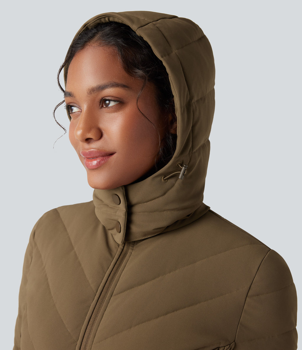 PuffFlex Removable Hood Shirred Casual Quilted Jacket with Pockets — Chestnut Brown — view 6