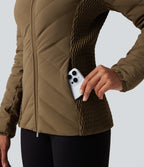 PuffFlex Removable Hood Shirred Casual Quilted Jacket with Pockets — Chestnut Brown — view 7