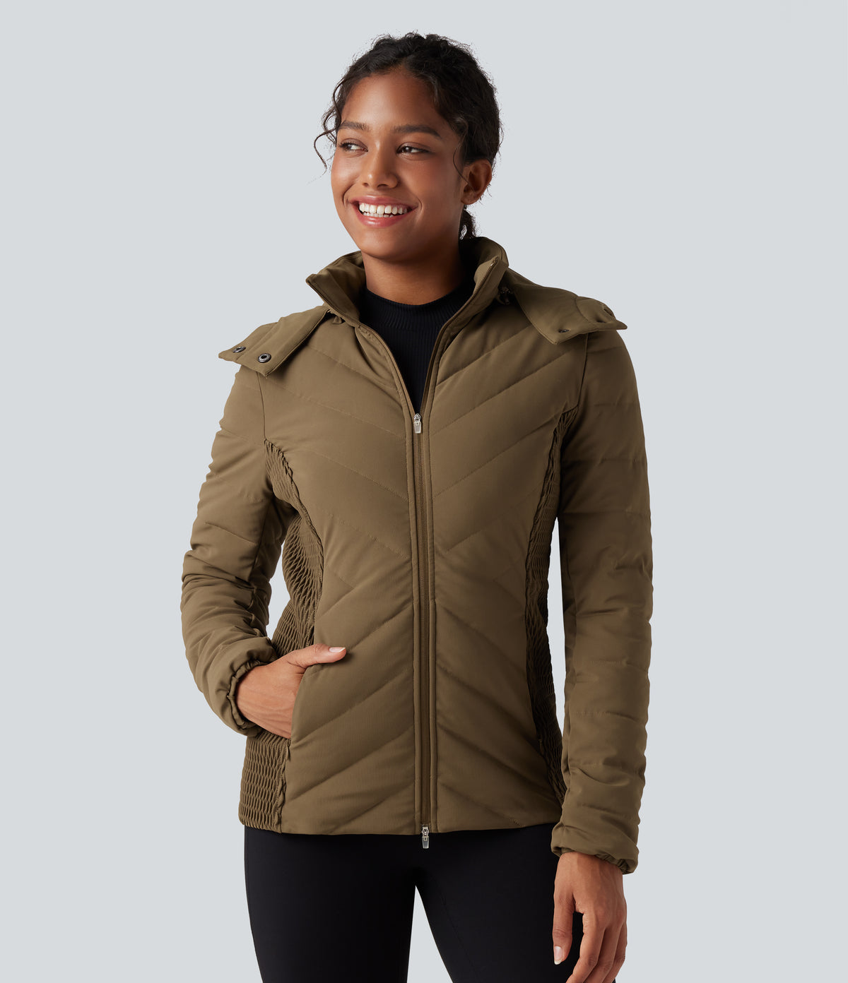 PuffFlex Removable Hood Shirred Casual Quilted Jacket with Pockets — Chestnut Brown — view 8