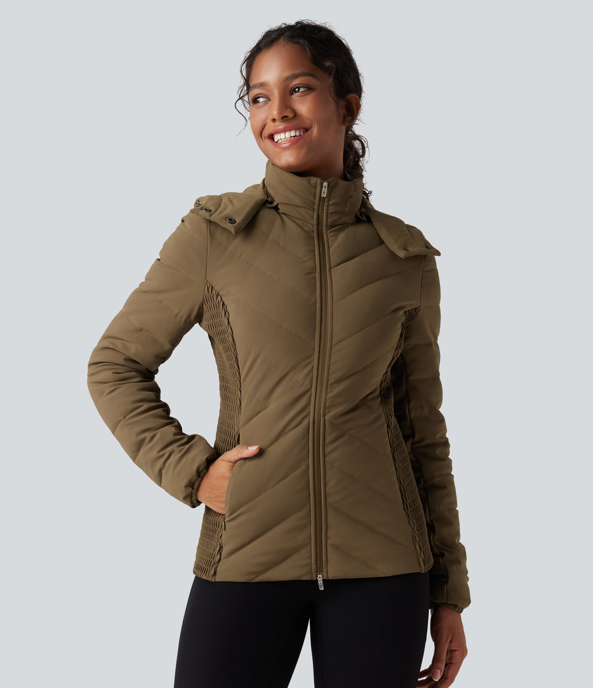 PuffFlex Removable Hood Shirred Casual Quilted Jacket with Pockets — Chestnut Brown — view 2