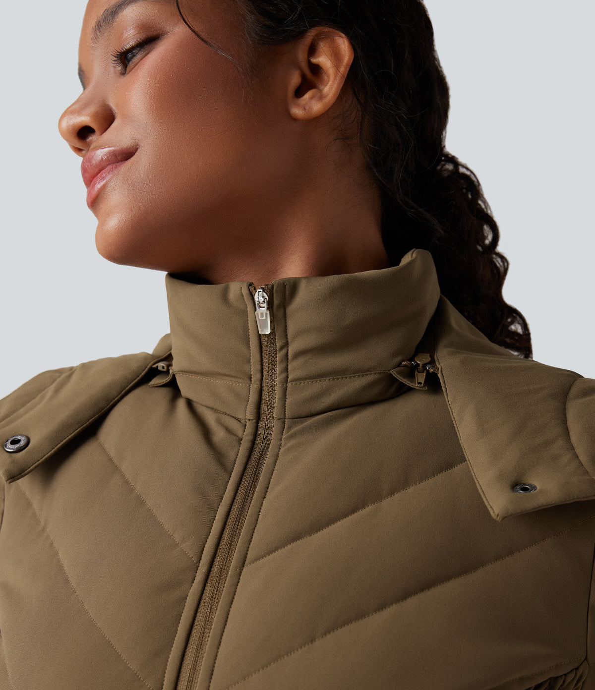 PuffFlex Removable Hood Shirred Casual Quilted Jacket with Pockets — Chestnut Brown — view 4
