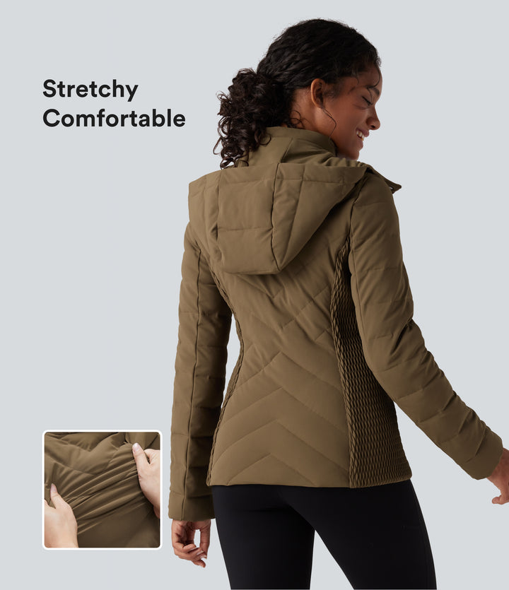 PuffFlex Removable Hood Shirred Casual Quilted Jacket with Pockets — Chestnut Brown — view 1