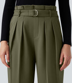 Plush Thermal Super High Waisted Belted Tapered Work Trousers with Pockets — Deep Sage — view 4