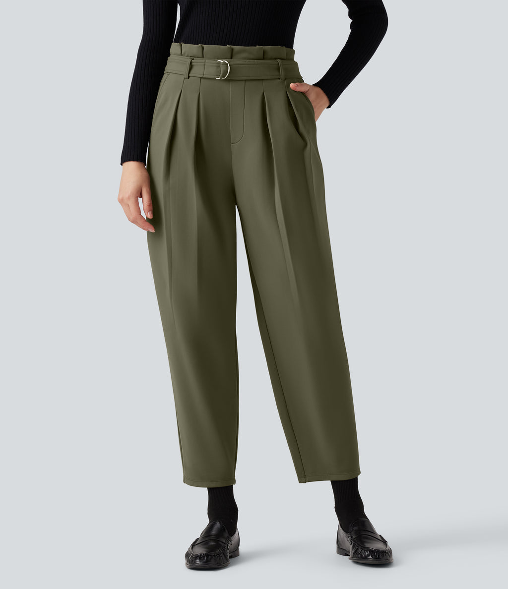 Plush Thermal Super High Waisted Belted Tapered Work Trousers with Pockets — Deep Sage — view 3