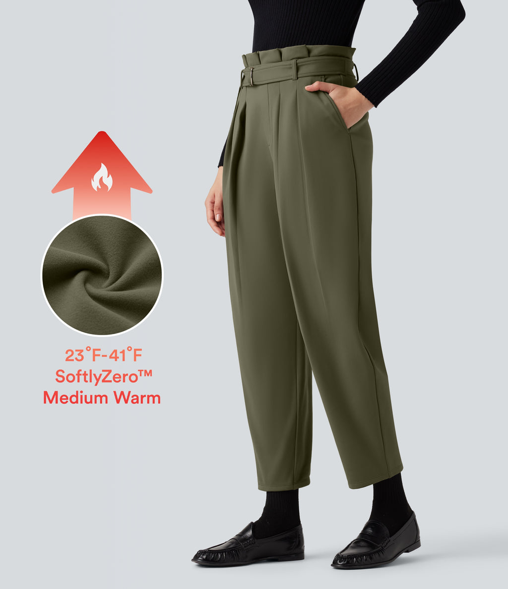 Plush Thermal Super High Waisted Belted Tapered Work Trousers with Pockets — Deep Sage — view 1