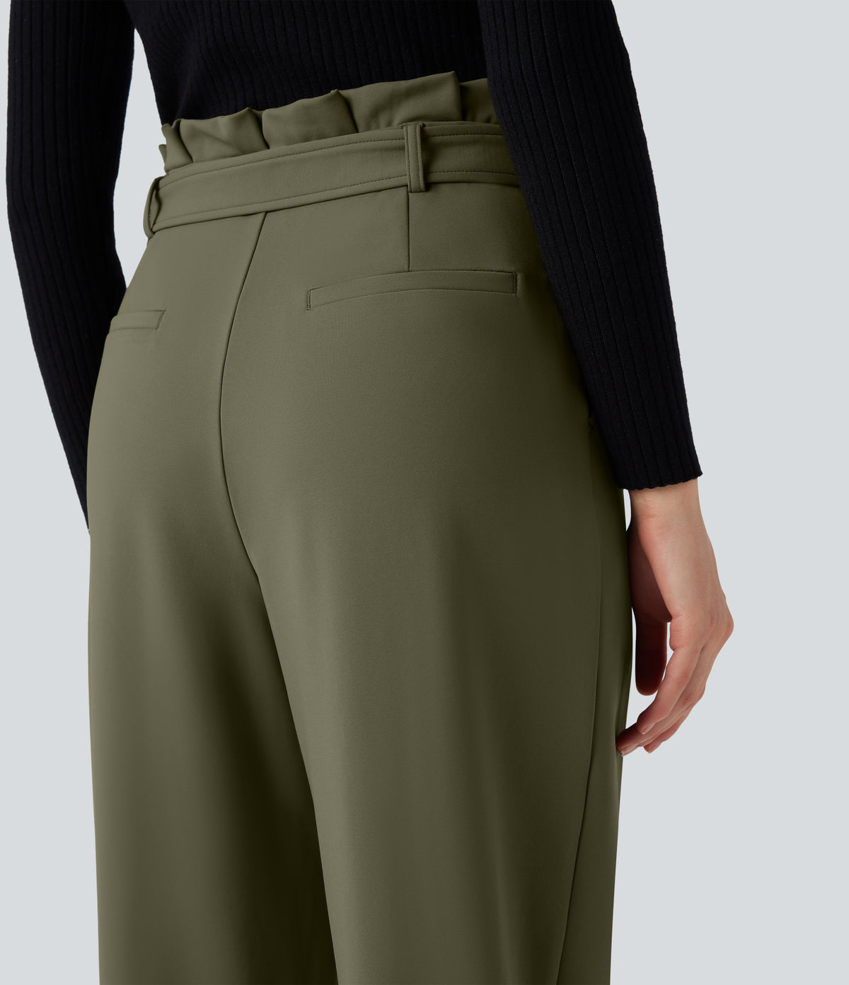 Plush Thermal Super High Waisted Belted Tapered Work Trousers with Pockets — Deep Sage — view 5