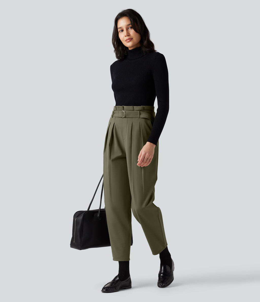Plush Thermal Super High Waisted Belted Tapered Work Trousers with Pockets — Deep Sage — view 7