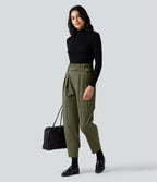 Plush Thermal Super High Waisted Belted Tapered Work Trousers with Pockets — Deep Sage — view 7