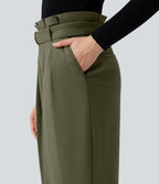 Plush Thermal Super High Waisted Belted Tapered Work Trousers with Pockets — Deep Sage — view 6