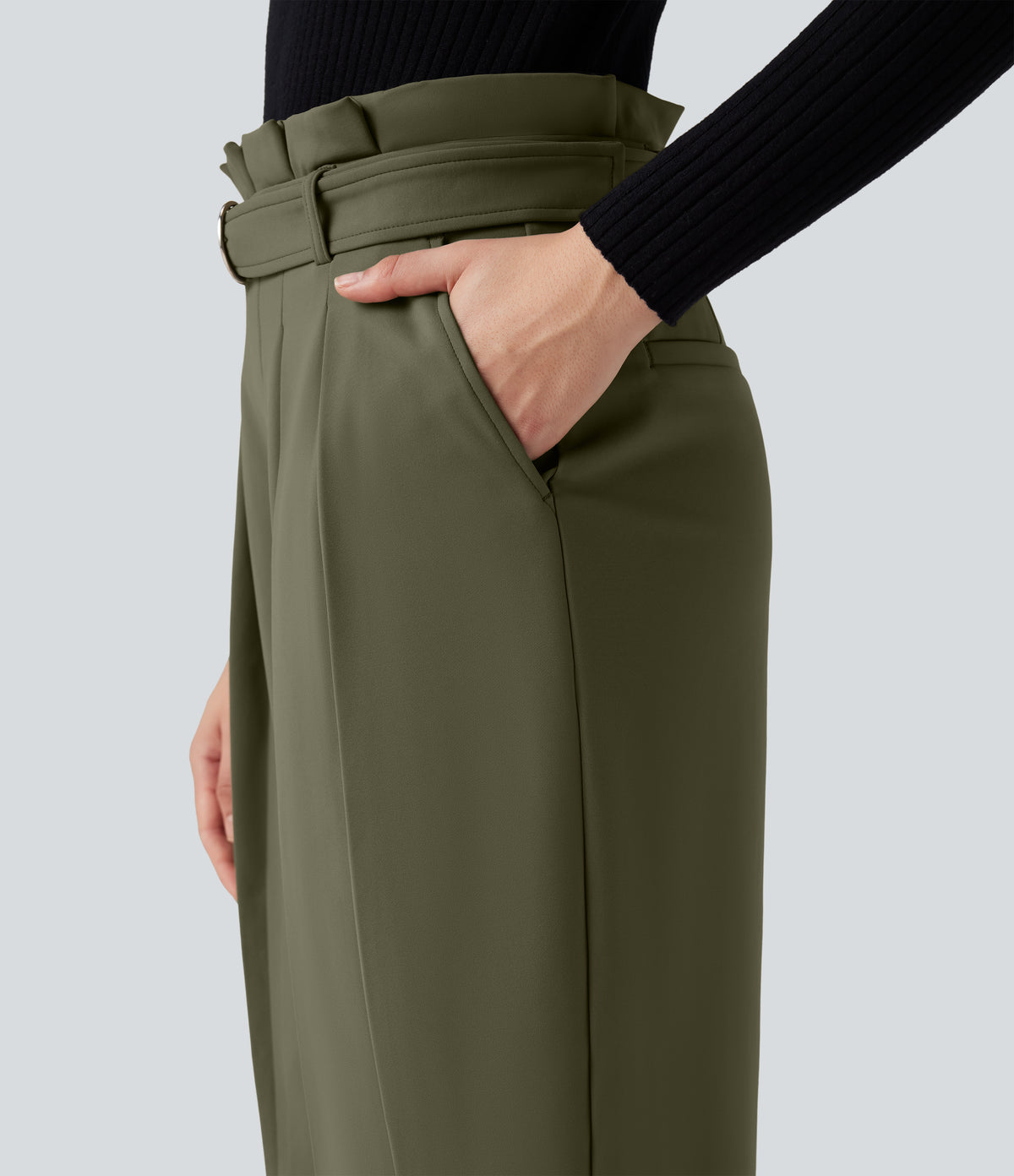 Plush Thermal Super High Waisted Belted Tapered Work Trousers with Pockets — Deep Sage — view 6