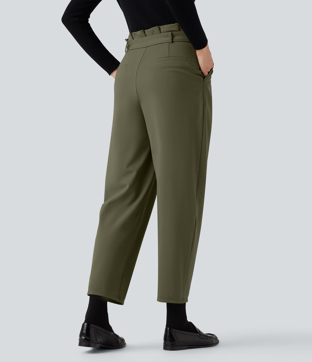 Plush Thermal Super High Waisted Belted Tapered Work Trousers with Pockets — Deep Sage — view 2