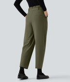 Plush Thermal Super High Waisted Belted Tapered Work Trousers with Pockets — Deep Sage — view 2