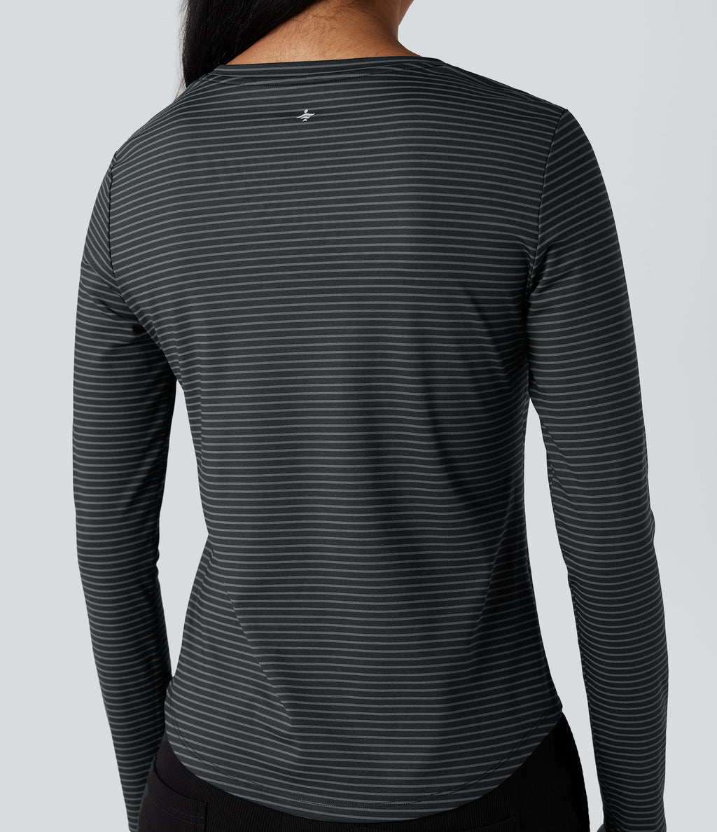 Round Neck Long Sleeve Stripes Curved Hem Yoga Sports Top — Steel Stripe — view 5