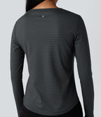 Round Neck Long Sleeve Stripes Curved Hem Yoga Sports Top — Steel Stripe — view 5
