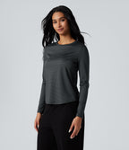 Round Neck Long Sleeve Stripes Curved Hem Yoga Sports Top — Steel Stripe — view 4