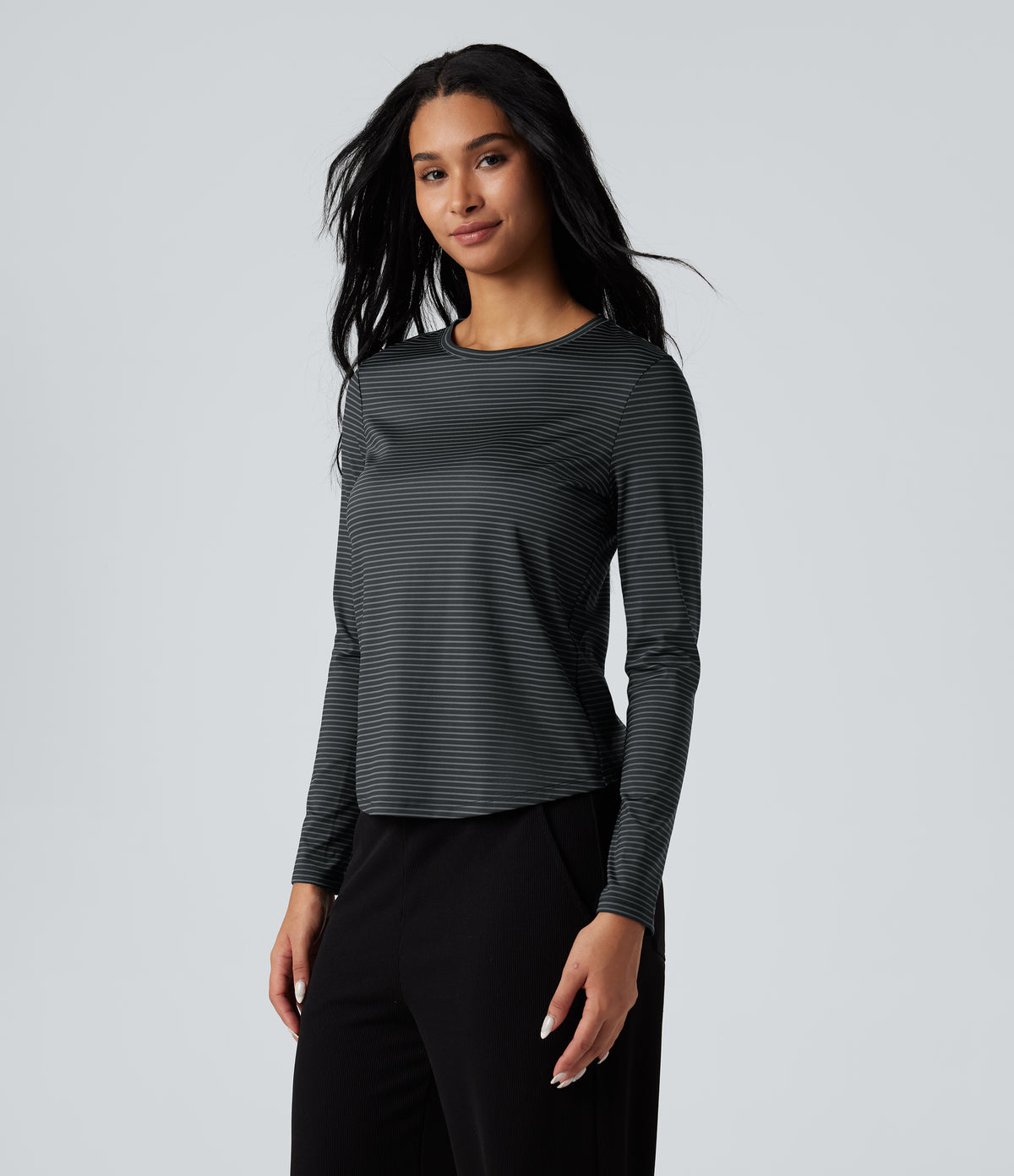 Round Neck Long Sleeve Stripes Curved Hem Yoga Sports Top — Steel Stripe — view 4
