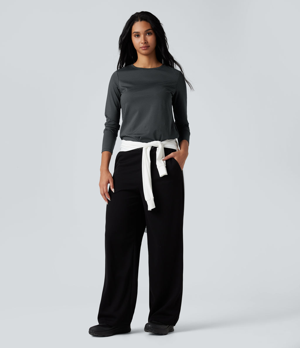 Round Neck Long Sleeve Stripes Curved Hem Yoga Sports Top — Steel Stripe — view 6