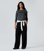 Round Neck Long Sleeve Stripes Curved Hem Yoga Sports Top — Steel Stripe — view 6