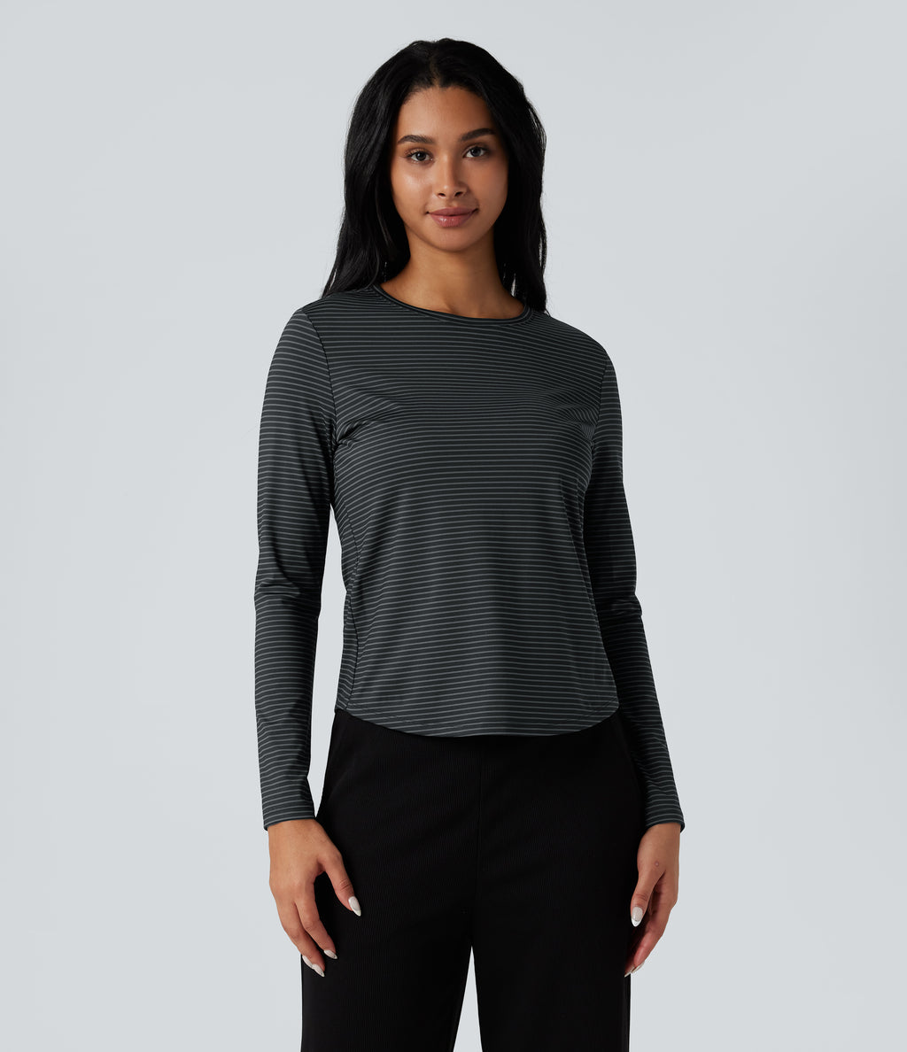 Round Neck Long Sleeve Stripes Curved Hem Yoga Sports Top — Steel Stripe — view 2