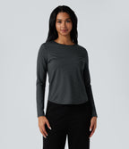 Round Neck Long Sleeve Stripes Curved Hem Yoga Sports Top — Steel Stripe — view 2